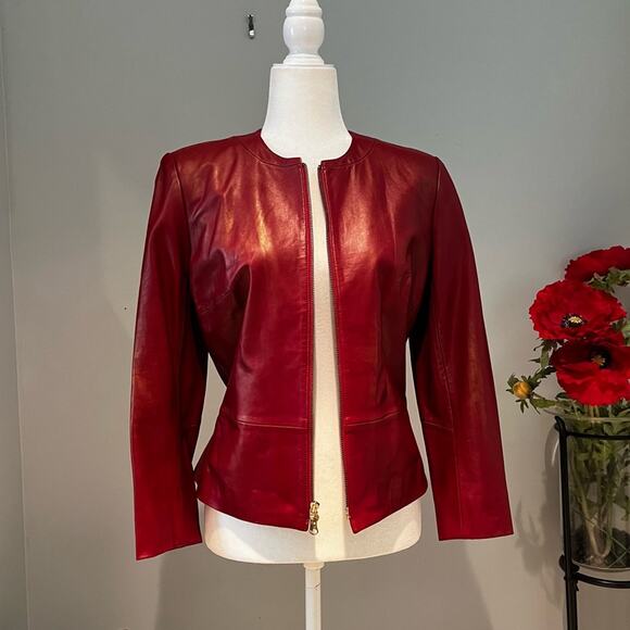 NEW Vakko VS2 Lamb Leather Classic Tailored Peplum Zip Collarless Jacket Red… - Picture 10 of 13